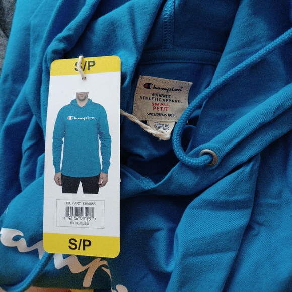 🆕️ NWT Champion Logo Blue Hooded Long Sleeve T-Shirt - Picture 11 of 11